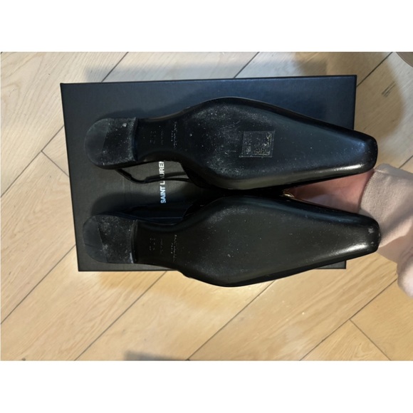 Saint Laurent Black Patent Leather Slingbacks with Gold Chain